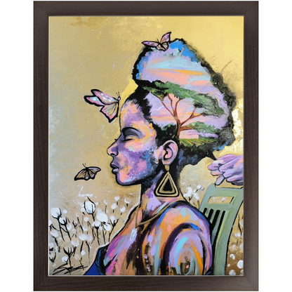 Painting titled “Home Grown” showing a woman on her porch with eyes closed as her hair is braided; cotton fields and crops grow within her afro.