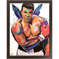 Expressionist painting of a powerful boxer mid-shout wearing red gloves, with butterfly-like wings symbolizing strength and grace.