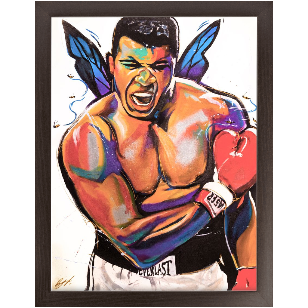 Expressionist painting of a powerful boxer mid-shout wearing red gloves, with butterfly-like wings symbolizing strength and grace.