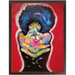 Painting titled “The Love Chamber” showing a Black woman with a star-filled Afro in a shooting pose, firing flower petals instead of bullets, symbolizing love and power.