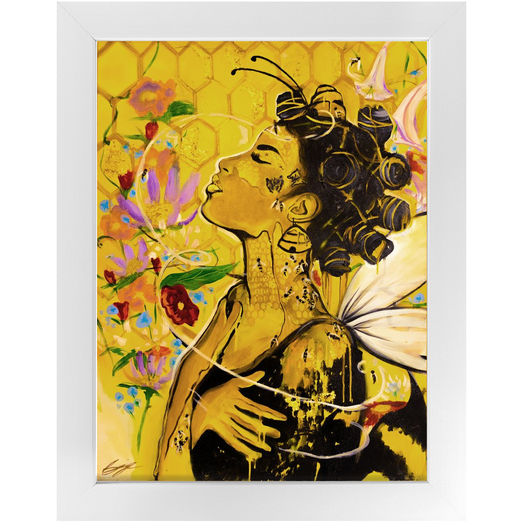 Painting titled “Angelic Butterfly” showing a Black woman with bantu knots, honey-dipped skin, butterfly wings, gold flakes, and bees in a bright yellow setting.