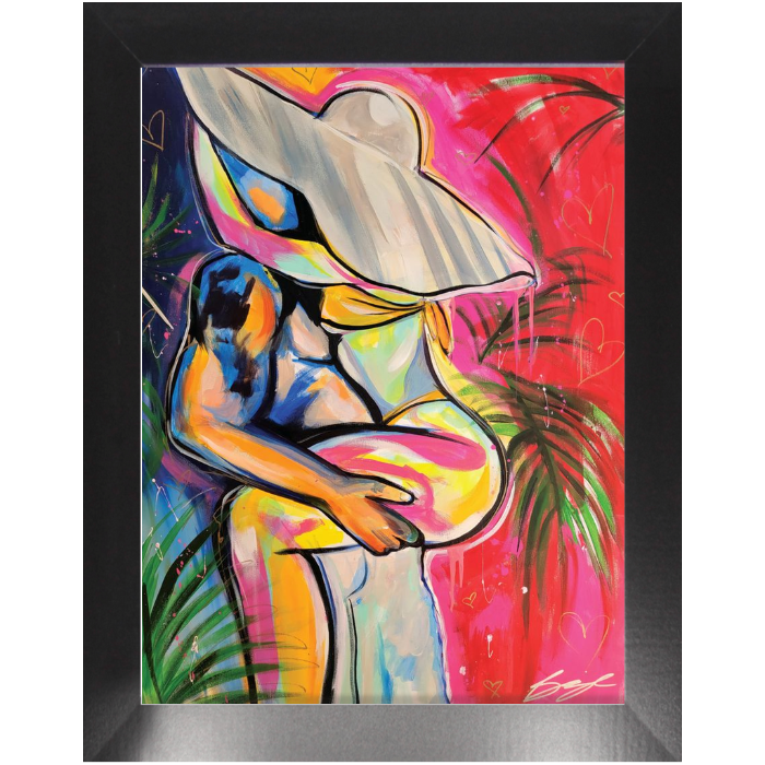Painting titled “Passion in Paradise” showing a couple in a private, passionate embrace surrounded by tropical palms, capturing intimacy and desire.