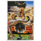 Painting titled “Mystic Landing” showing a black queen with a flower halo riding a mystical man through clouds, with lions symbolizing divine strength.
