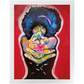 Painting titled “The Love Chamber” showing a Black woman with a star-filled Afro in a shooting pose, firing flower petals instead of bullets, symbolizing love and power.