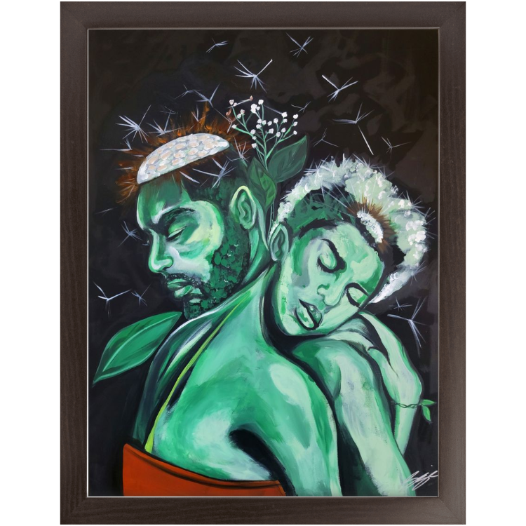 Painting titled “The Prototype” showing a green abstract couple as dandelions planted in an orange flower pot, symbolizing connection, authenticity, and growth.
