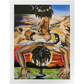 Painting titled “Mystic Landing” showing a black queen with a flower halo riding a mystical man through clouds, with lions symbolizing divine strength.