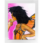 Surreal painting titled “Angelic Butterfly” showing a male hand holding a sunflower toward a Black woman depicted as a butterfly, symbolizing love and transformation.