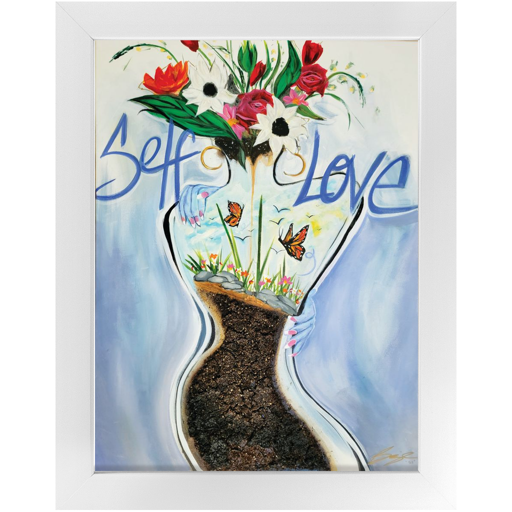 Painting titled “Self Love” depicting a woman’s blue-outlined back shaped like a flower vase, filled with soil, flowers, butterflies, and sky elements, symbolizing inner growth and harmony.