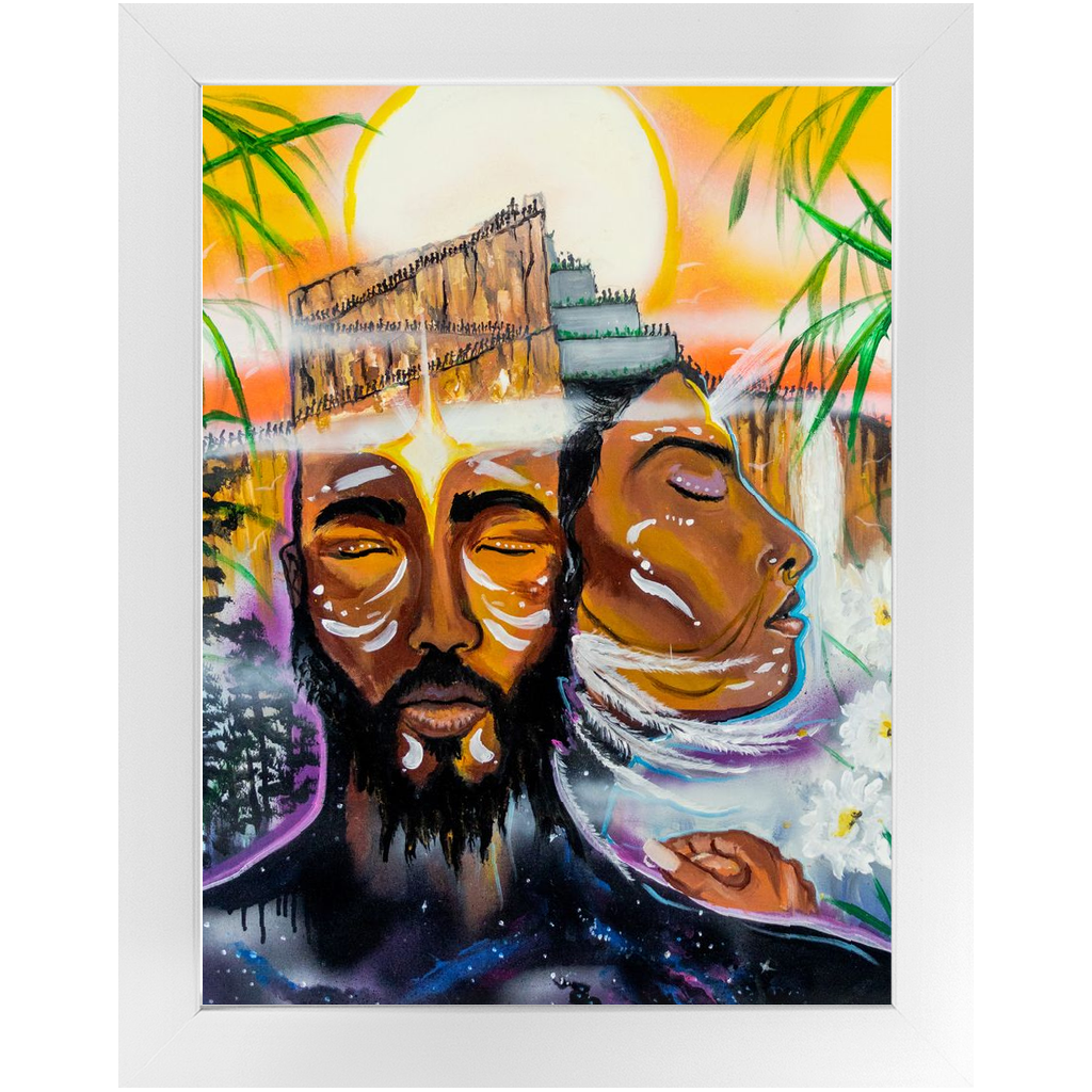 Painting titled “Grand Rising” showing a meditative King and Queen with pyramid mounds on their heads as people ascend toward the rising sun in spiritual unity.