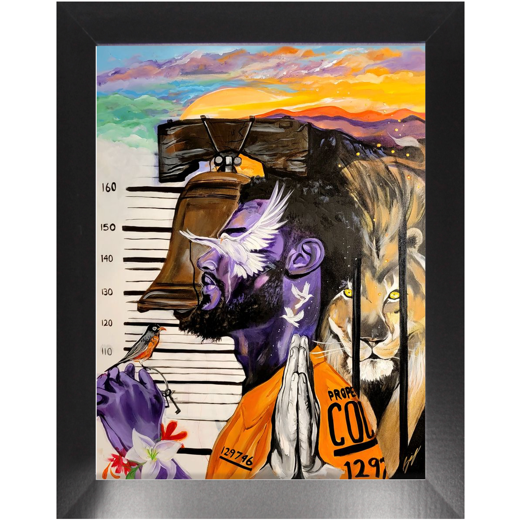 Painting titled “Give Me Liberty” showing a male in a prison jumpsuit kneeling in prayer with a symbolic lion behind bars, liberty bell, and doves representing freedom.