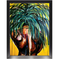 Painting titled “Throwing Shade” showing a solitary male figure with a strong back and palm tree hair, wearing a gold chain against a bright yellow tropical background.