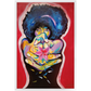 Painting titled “The Love Chamber” showing a Black woman with a star-filled Afro in a shooting pose, firing flower petals instead of bullets, symbolizing love and power.