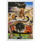 Painting titled “Mystic Landing” showing a black queen with a flower halo riding a mystical man through clouds, with lions symbolizing divine strength.