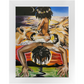 Painting titled “Mystic Landing” showing a black queen with a flower halo riding a mystical man through clouds, with lions symbolizing divine strength.