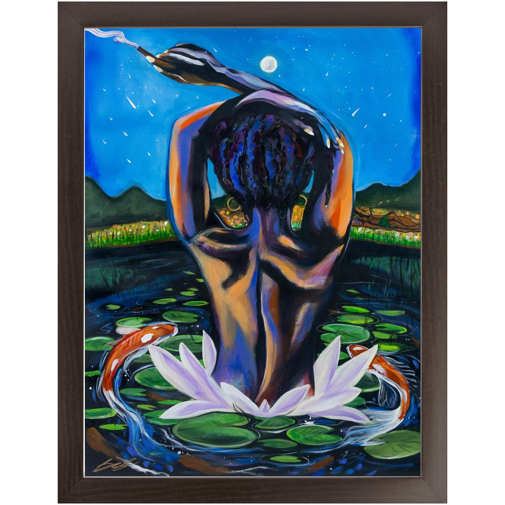 Painting titled “Twilight” showing a melanin-rich woman in water surrounded by lily pads and koi fish, with a man slumbering on the distant bank, dreaming of her.