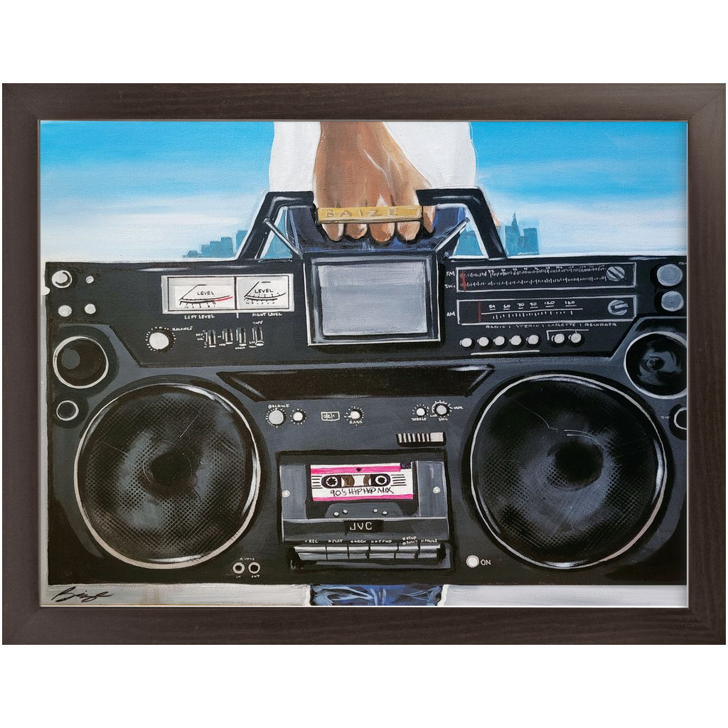 Painting titled “My Boom Box” showing a man in a white T-shirt holding a boombox with a BAIZE ring on his fingers and a faint city skyline in the background.
