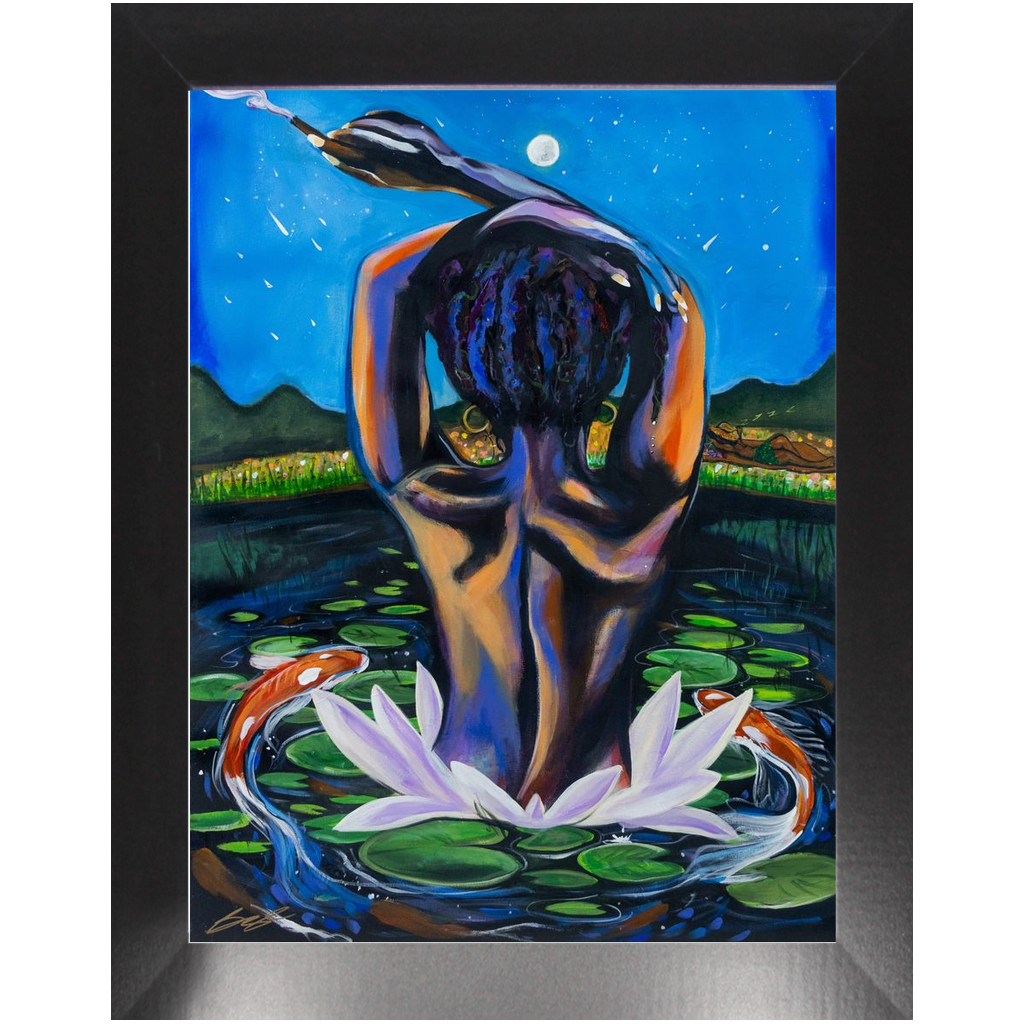Painting titled “Twilight” showing a melanin-rich woman in water surrounded by lily pads and koi fish, with a man slumbering on the distant bank, dreaming of her.