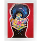 Painting titled “The Love Chamber” showing a Black woman with a star-filled Afro in a shooting pose, firing flower petals instead of bullets, symbolizing love and power.