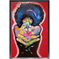 Painting titled “The Love Chamber” showing a Black woman with a star-filled Afro in a shooting pose, firing flower petals instead of bullets, symbolizing love and power.