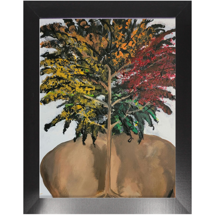 Conceptual painting titled “Phases” showing a strong human back merging into tree roots, with Afro-textured hair in seasonal colors symbolizing nature’s cycles.