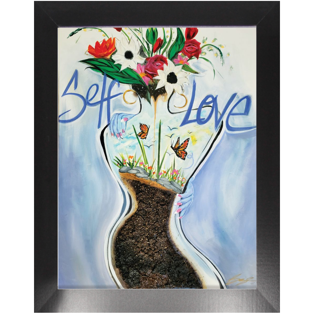Painting titled “Self Love” depicting a woman’s blue-outlined back shaped like a flower vase, filled with soil, flowers, butterflies, and sky elements, symbolizing inner growth and harmony.