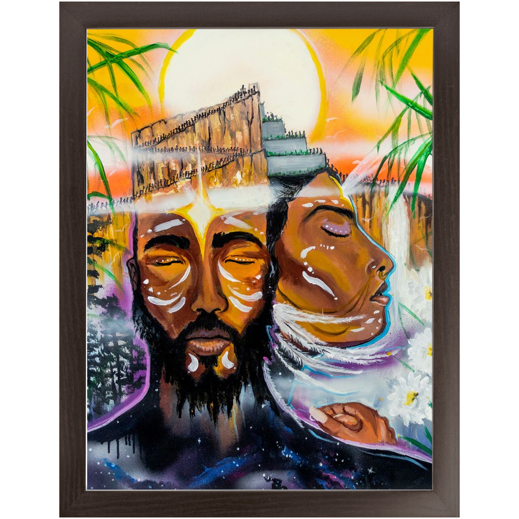 Painting titled “Grand Rising” showing a meditative King and Queen with pyramid mounds on their heads as people ascend toward the rising sun in spiritual unity.