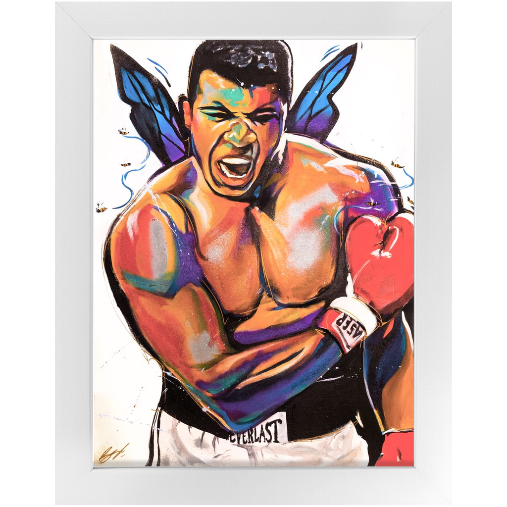 Expressionist painting of a powerful boxer mid-shout wearing red gloves, with butterfly-like wings symbolizing strength and grace.