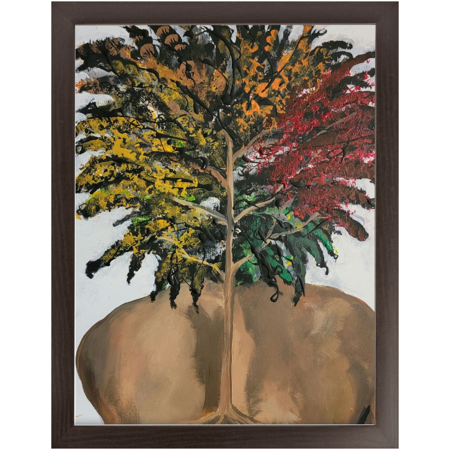 Conceptual painting titled “Phases” showing a strong human back merging into tree roots, with Afro-textured hair in seasonal colors symbolizing nature’s cycles.