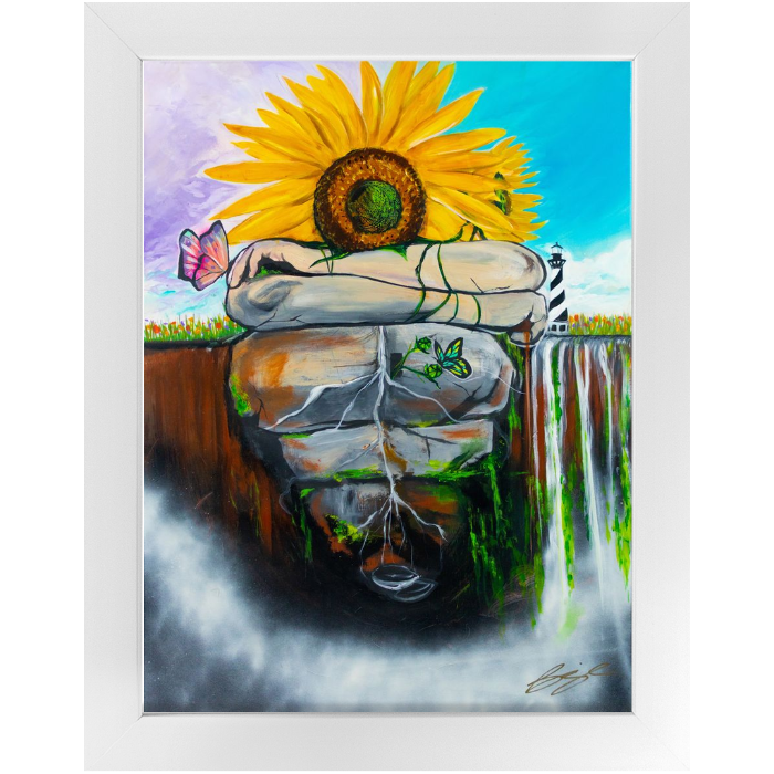 "Surreal painting of two sunflowers growing through stone, symbolizing love, growth, and life with butterflies and a heart-shaped door."