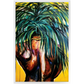 Painting titled “Throwing Shade” showing a solitary male figure with a strong back and palm tree hair, wearing a gold chain against a bright yellow tropical background.