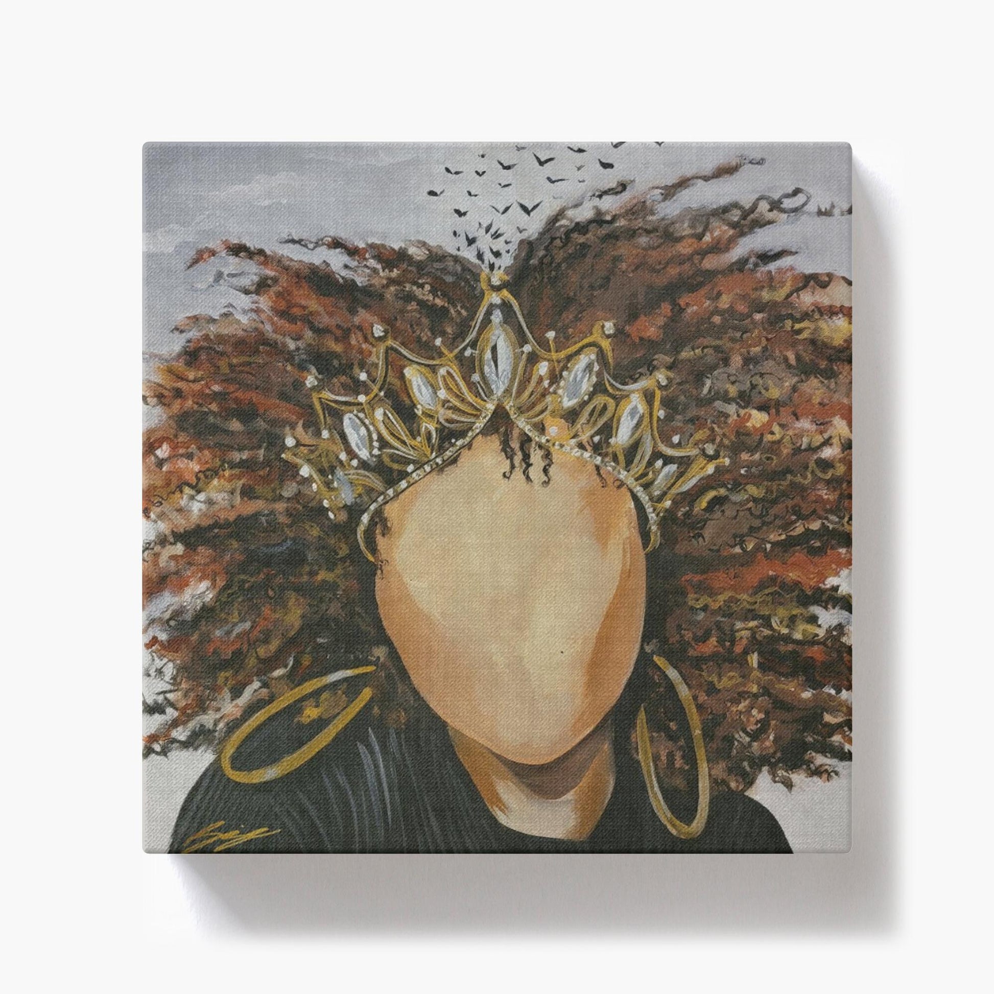 Painting titled “Queen’s Reflection” showing a faceless crowned woman with flowing hair that transitions into birds flying into the mist.