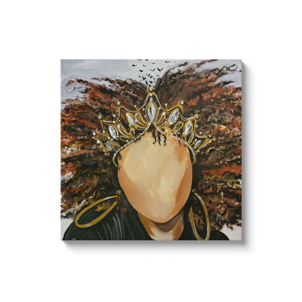Painting titled “Queen’s Reflection” showing a faceless crowned woman with flowing hair that transitions into birds flying into the mist.