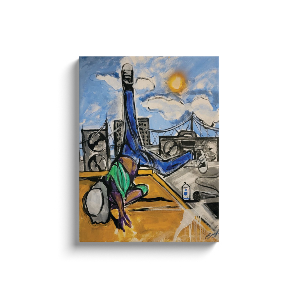 Late 80s hip hop scene with break dancer on cardboard, city skyline formed as speakers and boomboxes, graffiti elements, and bucket hat style