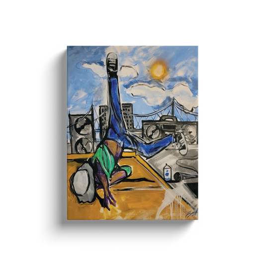 Late 80s hip hop scene with break dancer on cardboard, city skyline formed as speakers and boomboxes, graffiti elements, and bucket hat style