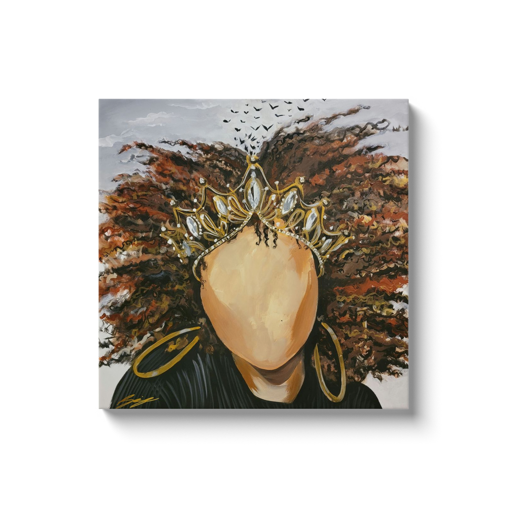 Painting titled “Queen’s Reflection” showing a faceless crowned woman with flowing hair that transitions into birds flying into the mist.