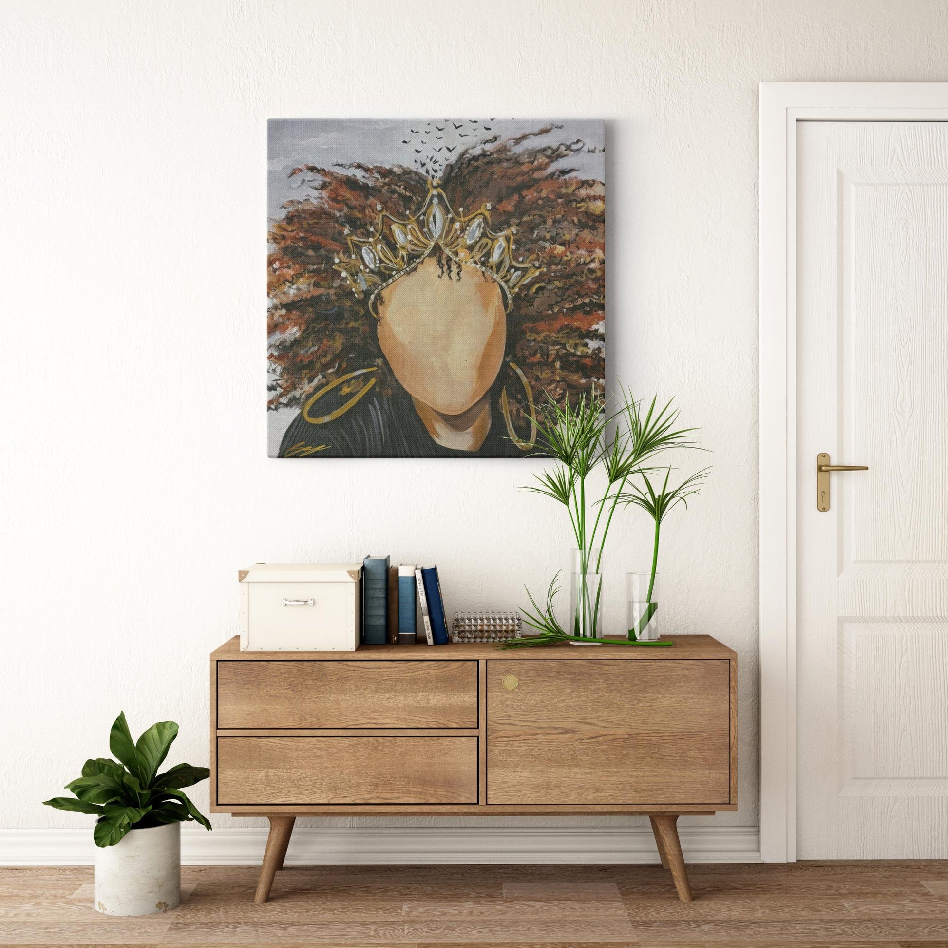 Painting titled “Queen’s Reflection” showing a faceless crowned woman with flowing hair that transitions into birds flying into the mist.