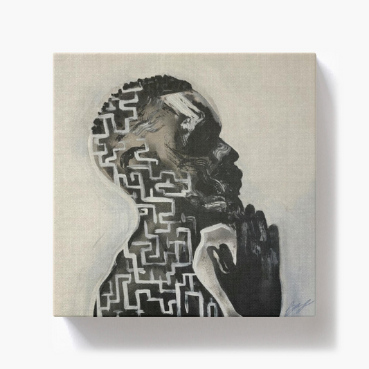 Abstract painting titled “Amazing Grace” showing a male figure in prayer with an intricate maze design within his profile, symbolizing faith and divine guidance.