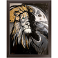 Painting titled “Into the Night” showing a seamless blend of a man and lion’s face over a moonlit ocean, with gold sunlight merging into the lion’s mane.