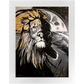 Painting titled “Into the Night” showing a seamless blend of a man and lion’s face over a moonlit ocean, with gold sunlight merging into the lion’s mane.