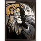 Painting titled “Into the Night” showing a seamless blend of a man and lion’s face over a moonlit ocean, with gold sunlight merging into the lion’s mane.