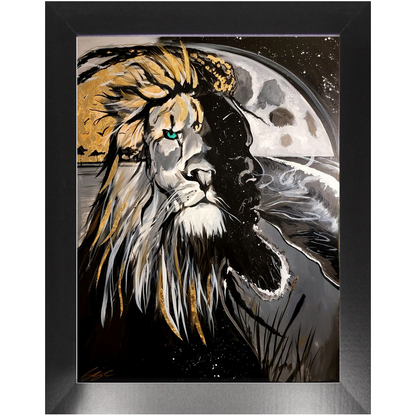 Painting titled “Into the Night” showing a seamless blend of a man and lion’s face over a moonlit ocean, with gold sunlight merging into the lion’s mane.