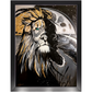 Painting titled “Into the Night” showing a seamless blend of a man and lion’s face over a moonlit ocean, with gold sunlight merging into the lion’s mane.
