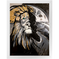 Painting titled “Into the Night” showing a seamless blend of a man and lion’s face over a moonlit ocean, with gold sunlight merging into the lion’s mane.